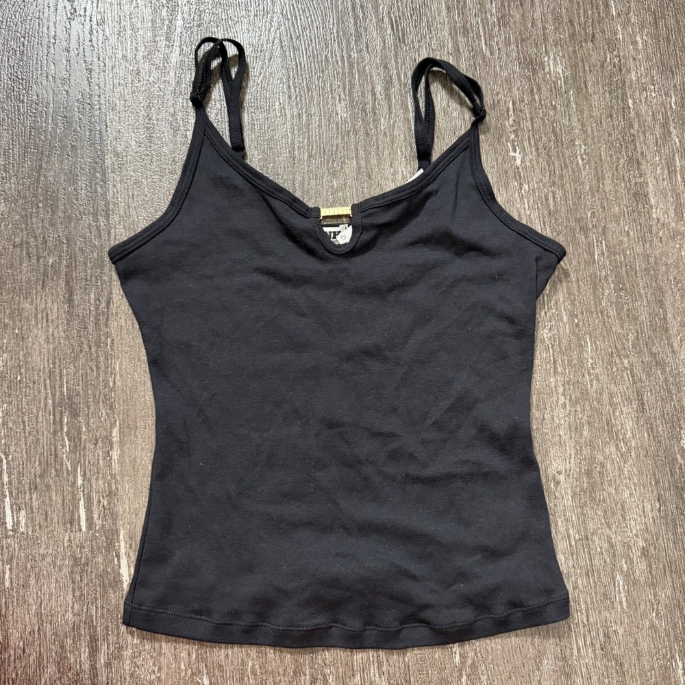 Victoria's Secret PINK Black Cotton Cami Tank Top with Gold Logo Bar Size M